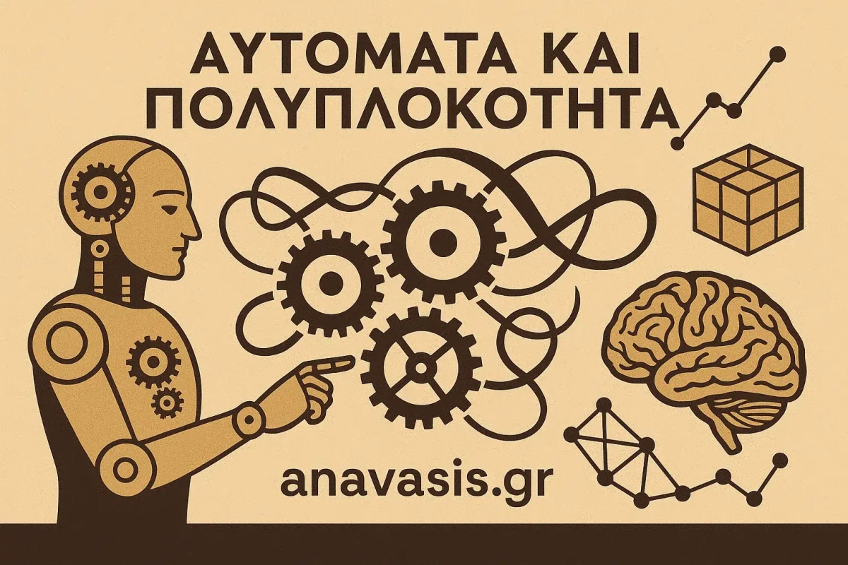 Εικονογράφηση μαθήματος Αυτόματα και Πολυπλοκότητα με γρανάζια, ρομπότ, εγκέφαλο και αλγόριθμους στο anavasis.gr