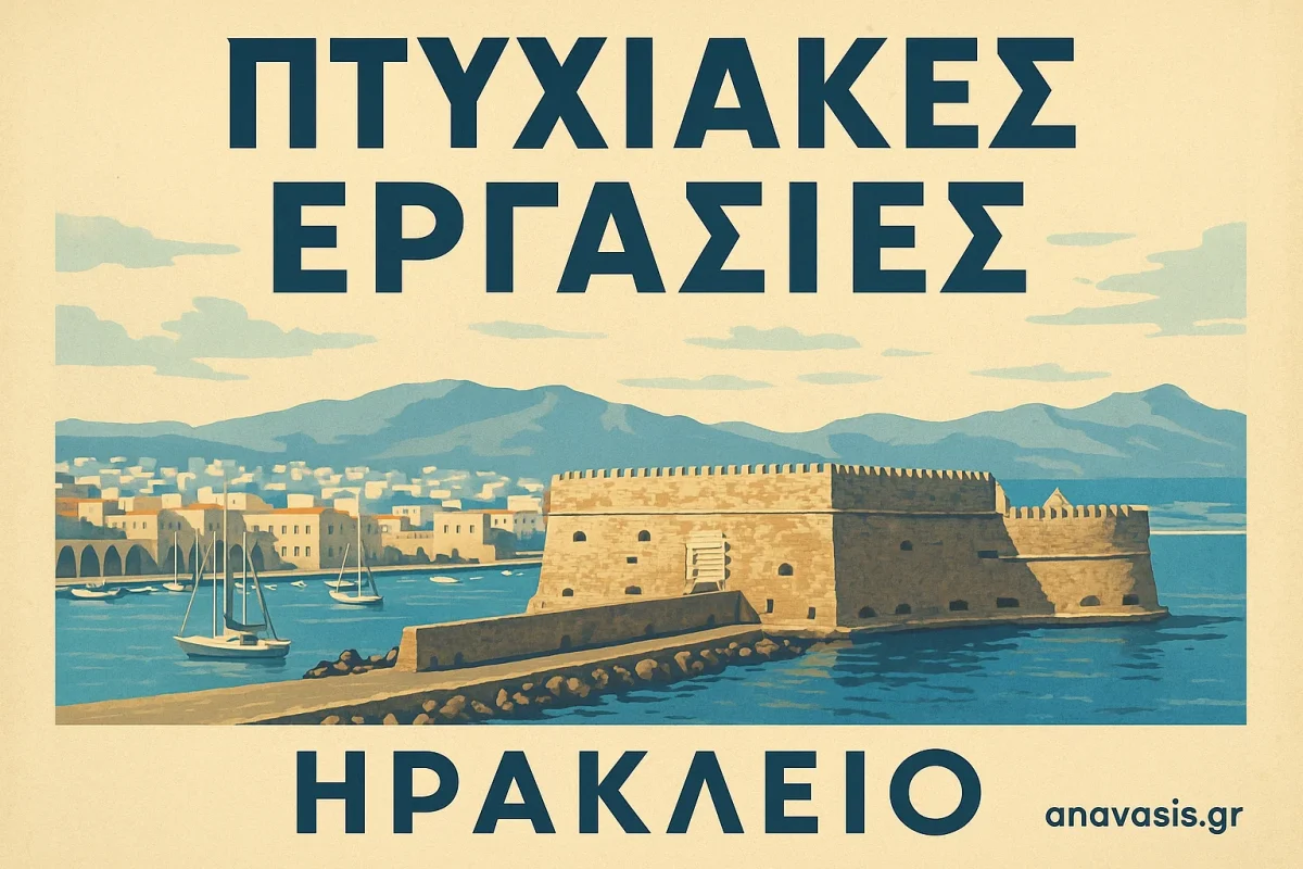 Φρούριο Κούλες και λιμάνι Ηρακλείου Κρήτης σε vintage γραφικό στιλ, με φόντο βουνά και θάλασσα. Κείμενο 