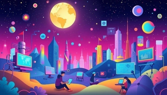 Φουτουριστική πόλη με νυχτερινό ουρανό και σελήνη, όπου άνθρωποι χρησιμοποιούν ψηφιακές συσκευές σε περιβάλλον γεμάτο οθόνες, τεχνολογία και διαστημικά στοιχεία — θεματολογία εκπαίδευσης, καινοτομίας και ψηφιακού κόσμου.