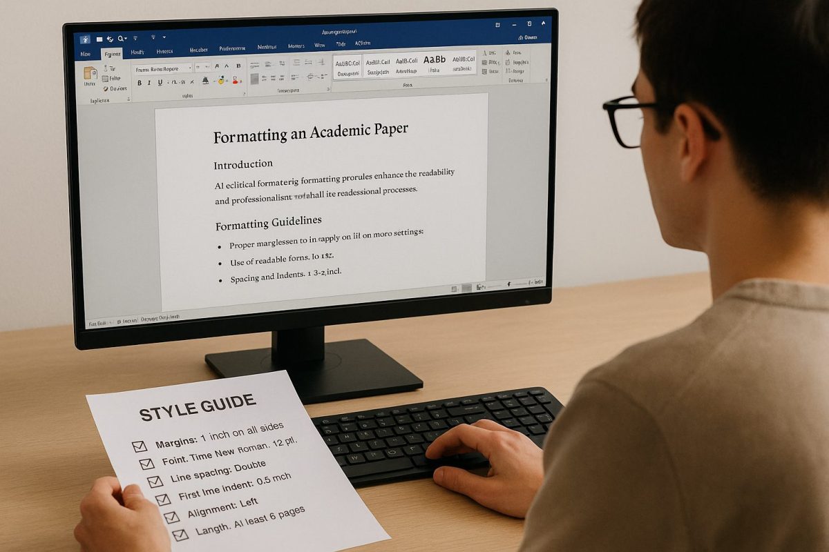 Φοιτητής κάθεται μπροστά σε οθόνη υπολογιστή με ανοιχτό έγγραφο στο Word που δείχνει οδηγίες μορφοποίησης ακαδημαϊκής εργασίας, ενώ κρατά στο χέρι του ένα χαρτί με style guide – anavasis.gr