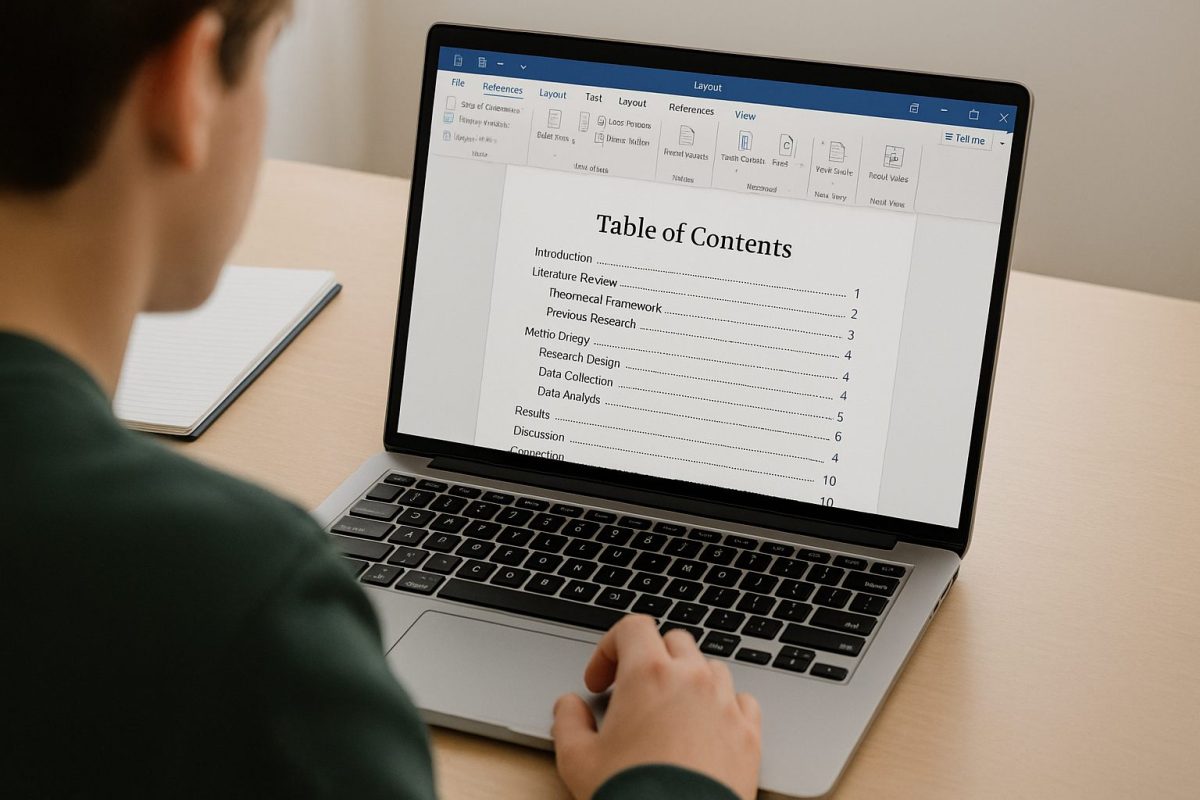 Φοιτητής κοιτάζει σε φορητό υπολογιστή πίνακα περιεχομένων ακαδημαϊκής εργασίας σε πρόγραμμα επεξεργασίας κειμένου - anavasis.gr