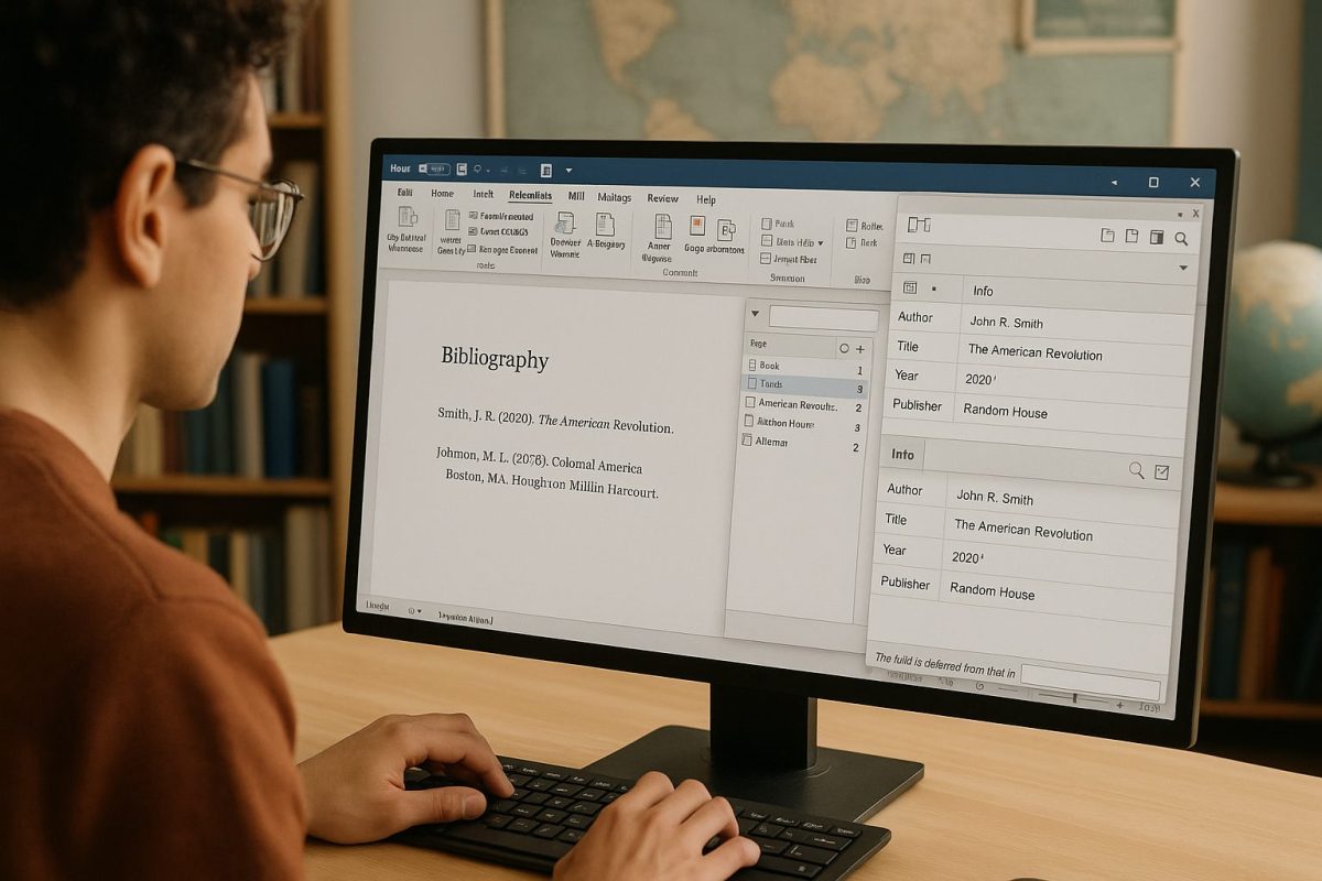 Φοιτητής κοιτάζει οθόνη υπολογιστή όπου εμφανίζονται βιβλιογραφικές αναφορές σε λογισμικό επεξεργασίας κειμένου, δίπλα σε πίνακα μεταδεδομένων βιβλιογραφίας - anavasis.gr