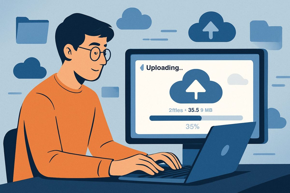 Φοιτητής ανεβάζει αρχεία εργασίας σε cloud πλατφόρμα μέσω laptop, αξιοποιώντας τις ψηφιακές υπηρεσίες υποστήριξης του Anavasis.gr