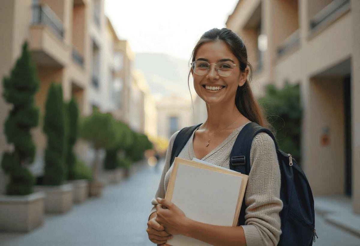 Νέα φοιτήτρια με γυαλιά και σακίδιο χαμογελά στην είσοδο πανεπιστημιακού συγκροτήματος, κρατώντας φάκελο με έγγραφα ή σημειώσεις - anavasis.gr