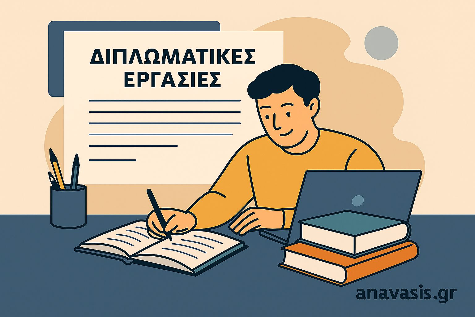 Άνδρας φοιτητής γράφει τη διπλωματική του εργασία με λάπτοπ, βιβλία και σημειωματάριο, δίπλα σε αφίσα που γράφει «Διπλωματικές Εργασίες» και το λογότυπο anavasis.gr.