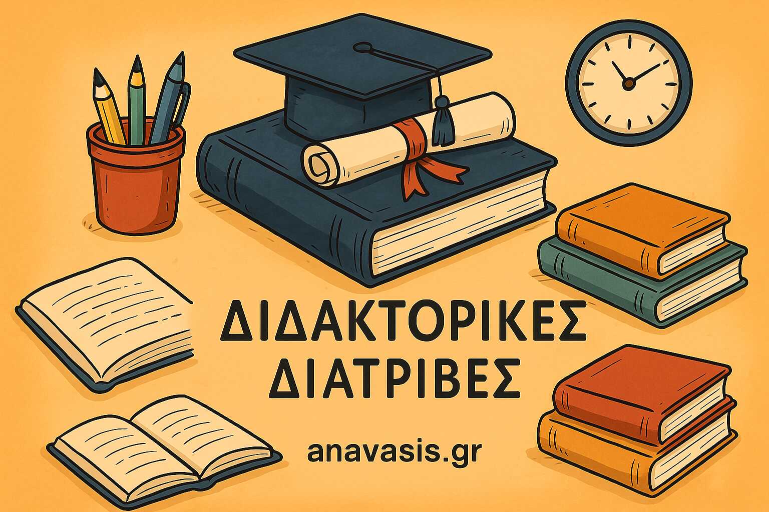 Εικονογράφηση με βιβλία, πτυχίο και ακαδημαϊκό καπέλο που συμβολίζουν τις διδακτορικές διατριβές – anavasis.gr