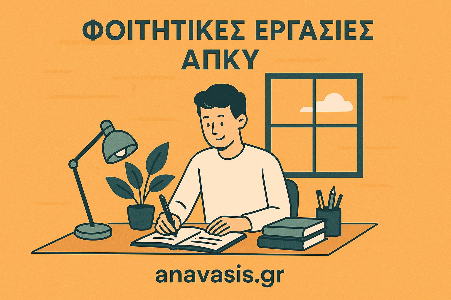 Φοιτητής του ΑΠΚΥ γράφει φοιτητική εργασία σε γραφείο με λάμπα, φυτά και βιβλία – anavasis.gr