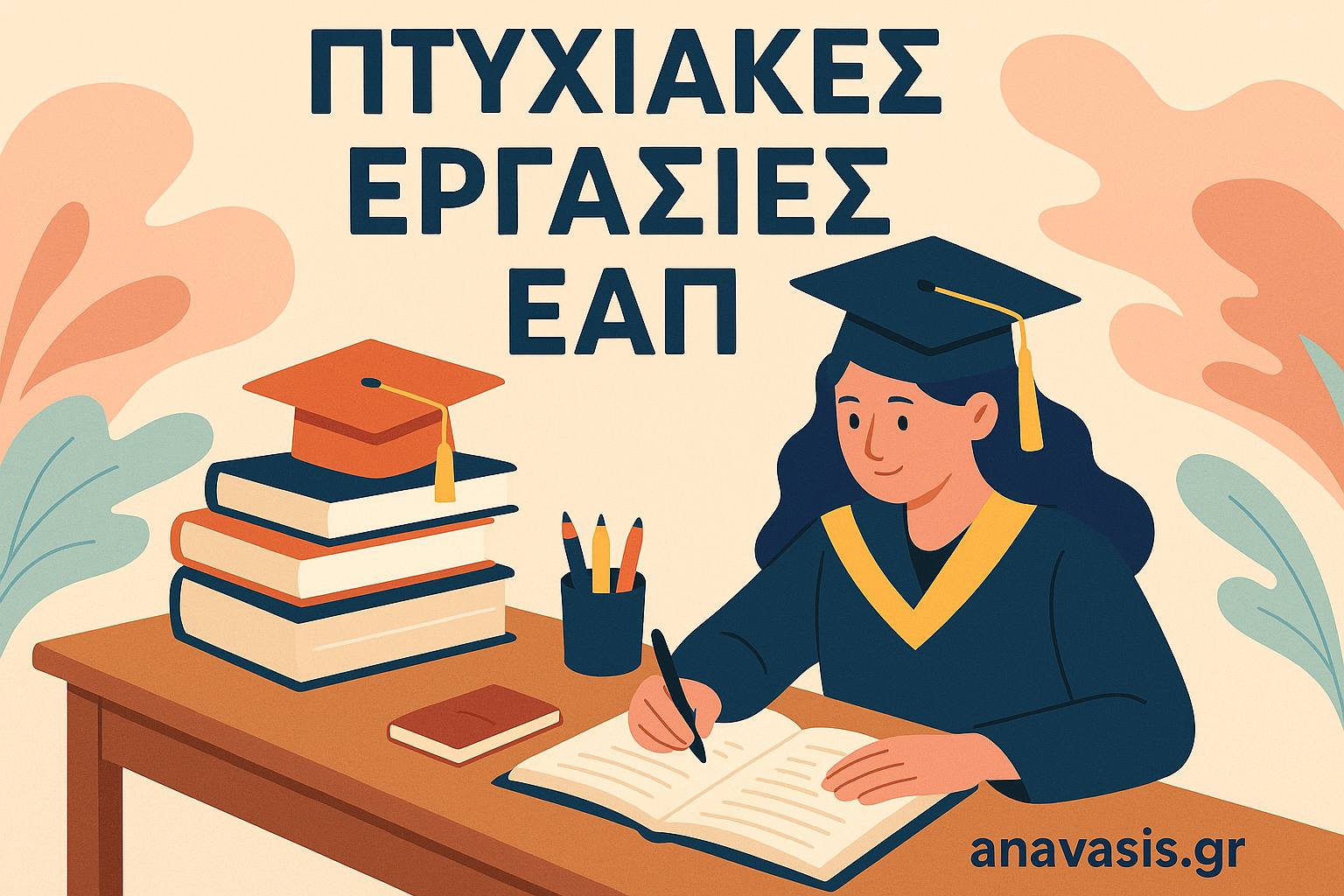 Φοιτήτρια του ΕΑΠ με ακαδημαϊκή τήβεννο γράφει πτυχιακή εργασία δίπλα σε στοίβα βιβλίων – Πτυχιακές Εργασίες ΕΑΠ anavasis.gr