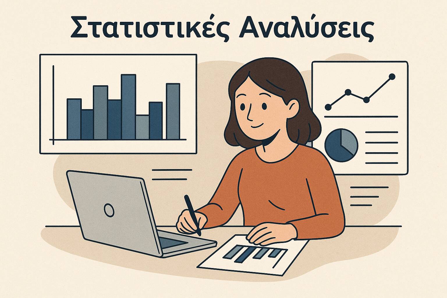 Γυναίκα υπολογίζει στατιστικά δεδομένα με φορητό υπολογιστή και γραφήματα – Στατιστικές Αναλύσεις Anavasis.gr