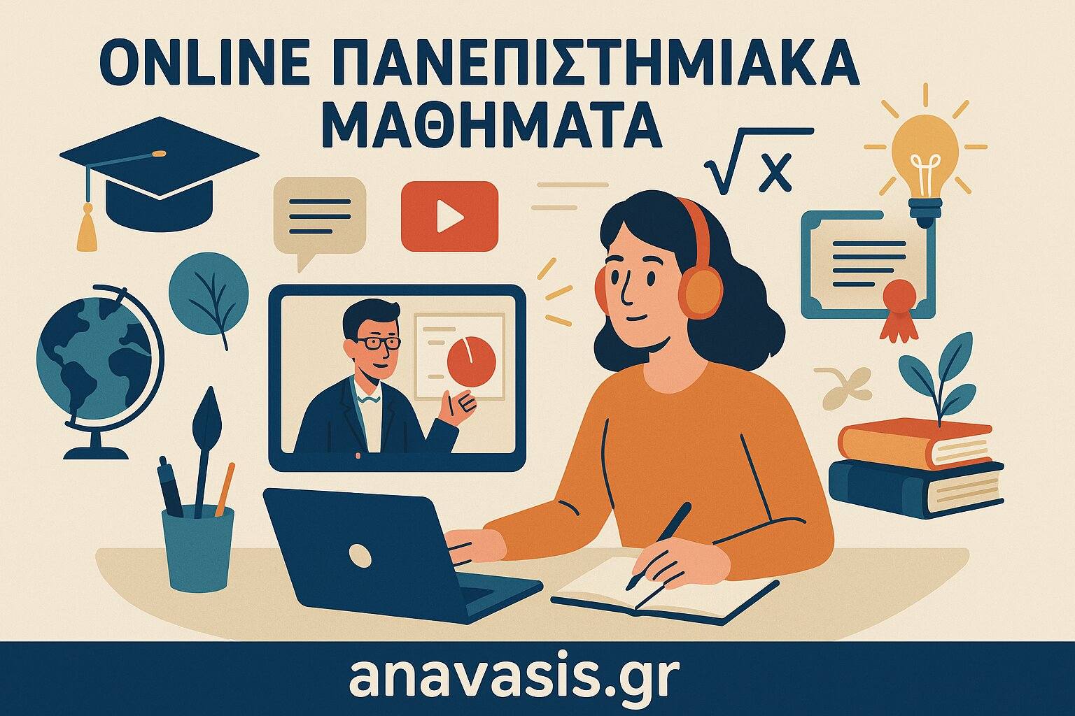 Φοιτήτρια παρακολουθεί online μάθημα με ακουστικά και σημειώνει – Online Πανεπιστημιακά Μαθήματα – anavasis.gr