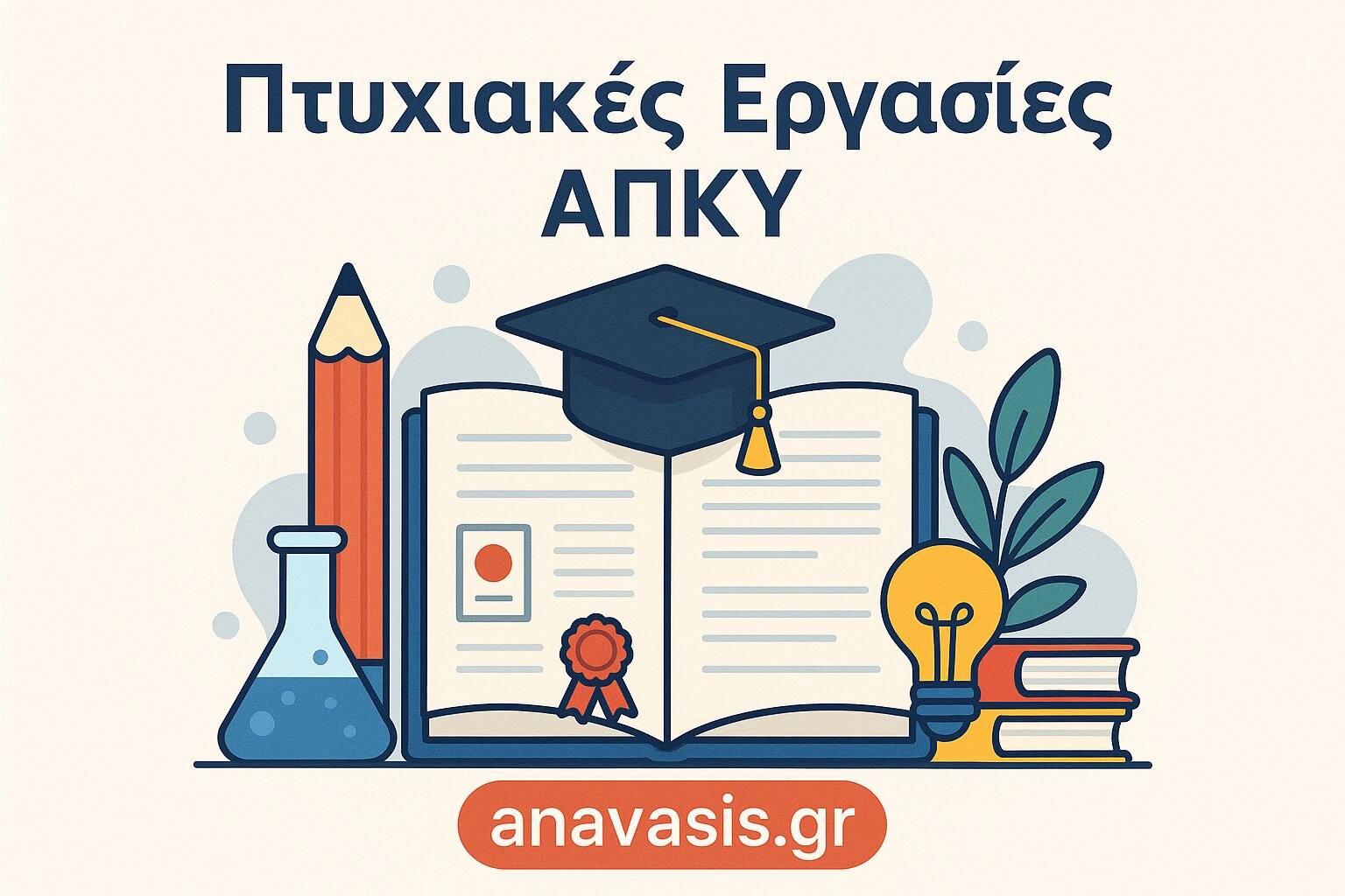 Ανοιχτό βιβλίο με πτυχίο, καπέλο αποφοίτησης και εργαλεία μάθησης, με τίτλο Πτυχιακές Εργασίες ΑΠΚΥ - anavasis.gr