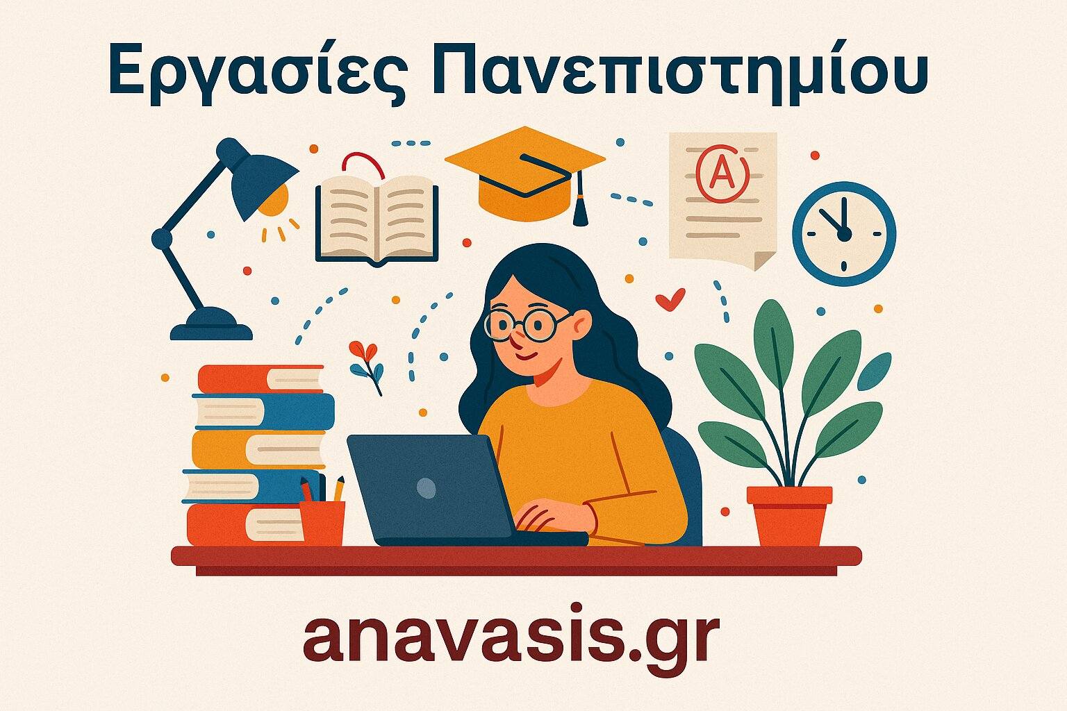 Φοιτήτρια γράφει εργασία στον υπολογιστή περιτριγυρισμένη από στοίβες βιβλίων, λάμπα και εικονίδια σπουδών