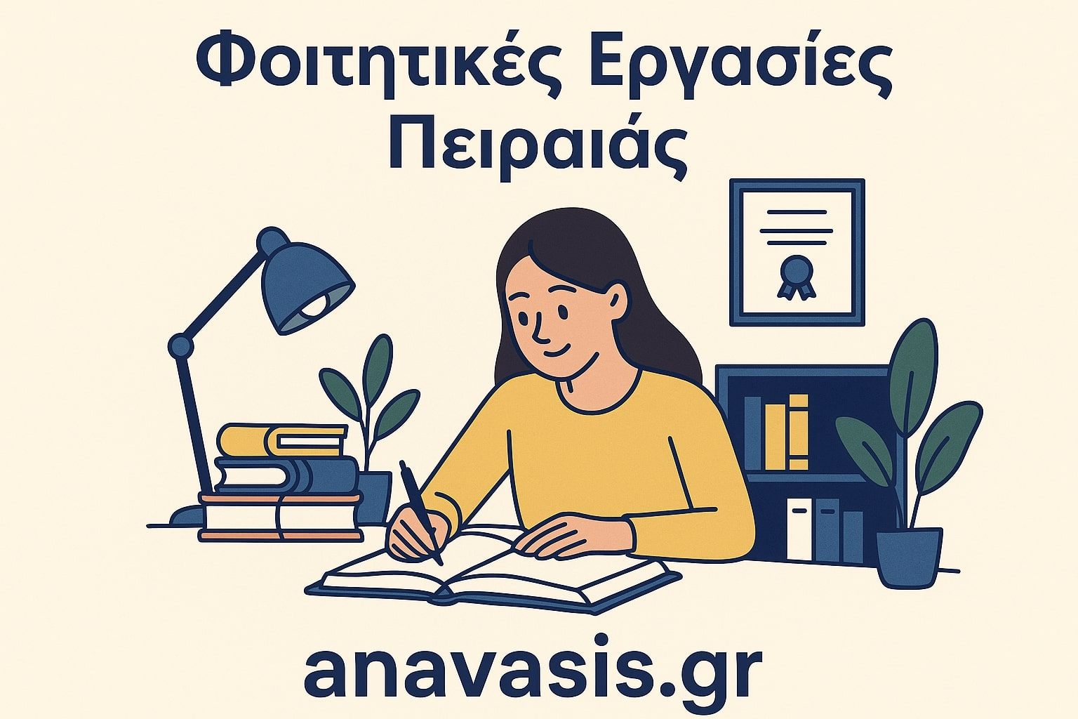 Φοιτήτρια γράφει σε βιβλίο σε οργανωμένο γραφείο με φωτιστικό, βιβλία και φυτά – anavasis.gr