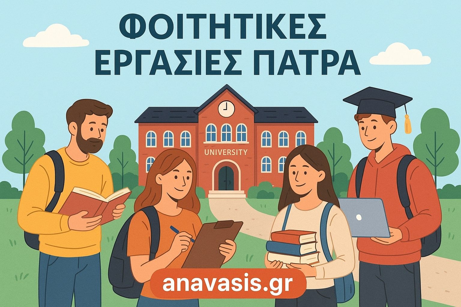 Ομάδα φοιτητών μπροστά από πανεπιστήμιο, κρατώντας βιβλία, σημειώσεις και laptop – anavasis.gr