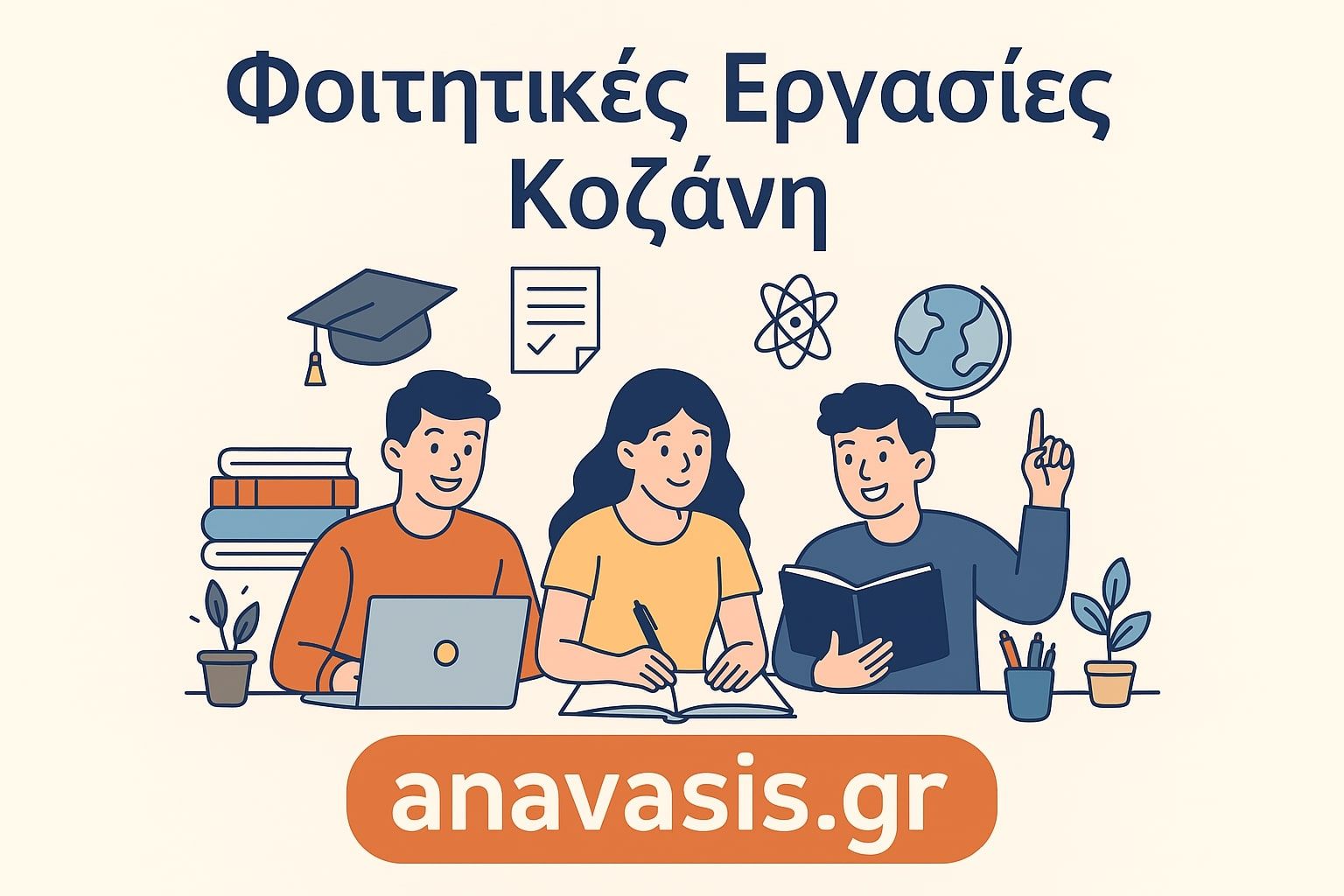 Τρεις φοιτητές συνεργάζονται μπροστά από λάπτοπ και βιβλία, με εικονίδια πτυχίου, επιστήμης και χάρτη, κάτω από τον τίτλο