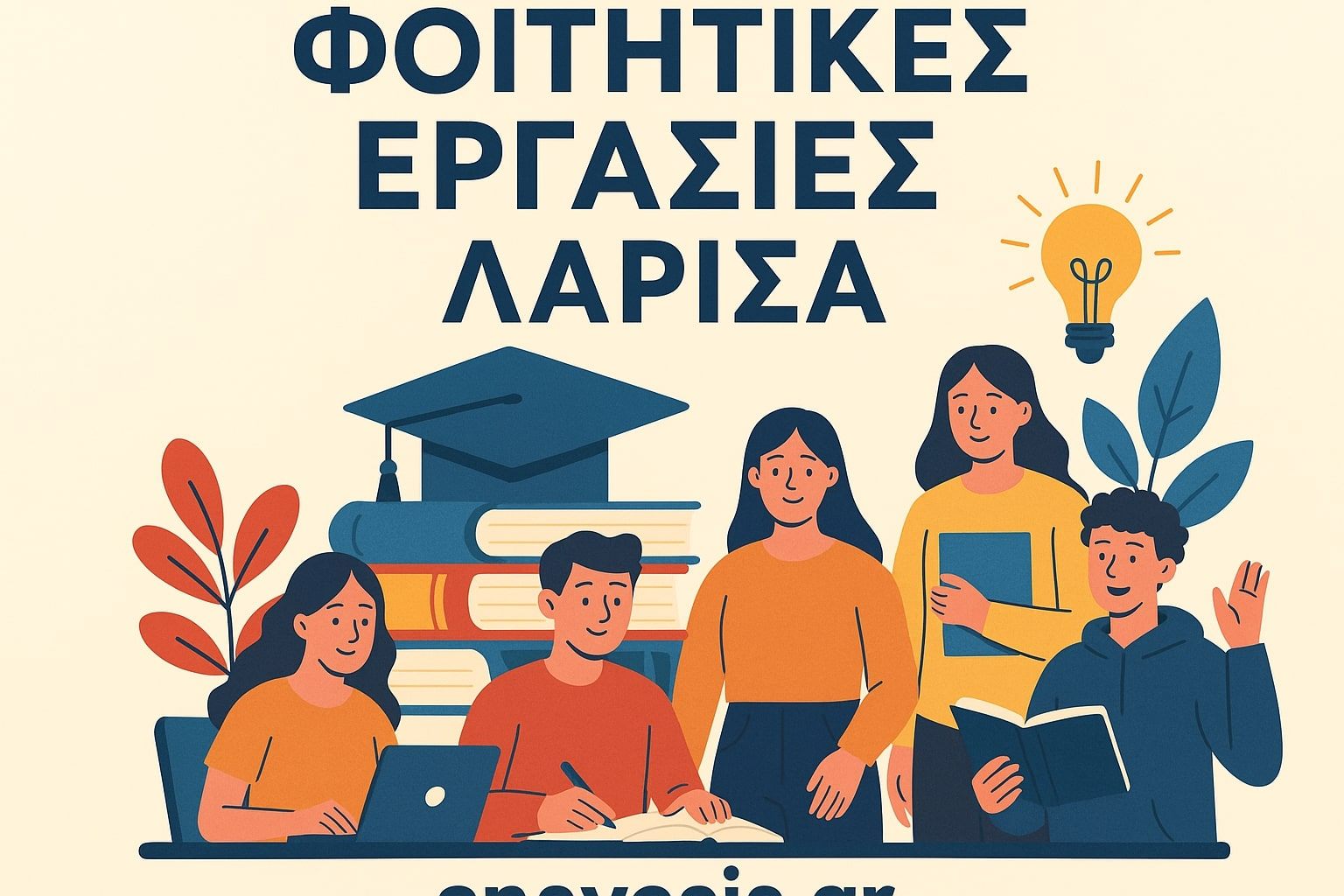 Ομαδική σκηνή με πέντε φοιτητές που διαβάζουν και συνεργάζονται, με φόντο βιβλία, λάμπα ιδέας και πτυχίο, κάτω από τον τίτλο