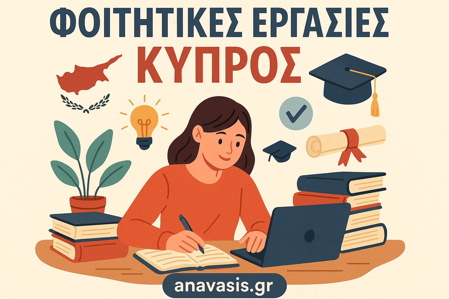 Γυναίκα φοιτήτρια γράφει σε τετράδιο μπροστά σε λάπτοπ, περιτριγυρισμένη από βιβλία, πτυχίο, καπέλα αποφοίτησης και τον χάρτη της Κύπρου, με τίτλο