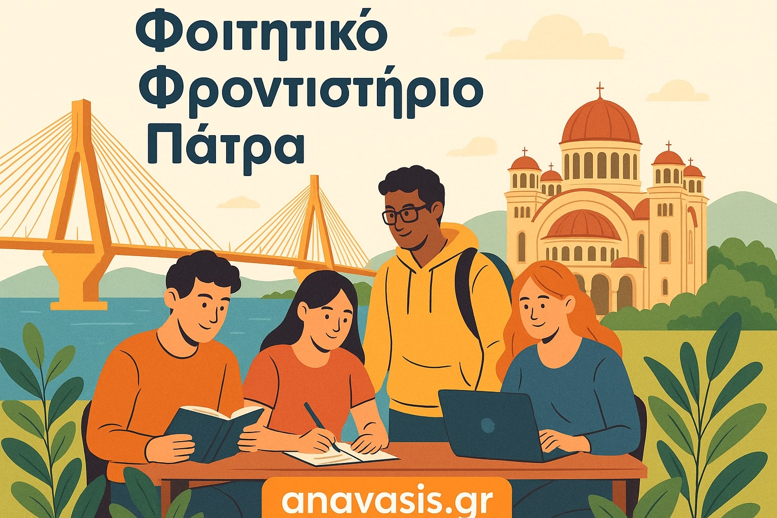 Τέσσερις φοιτητές μελετούν σε τραπέζι με φόντο τη γέφυρα Ρίου-Αντιρρίου και τον ναό του Αγίου Ανδρέα στην Πάτρα – anavasis.gr