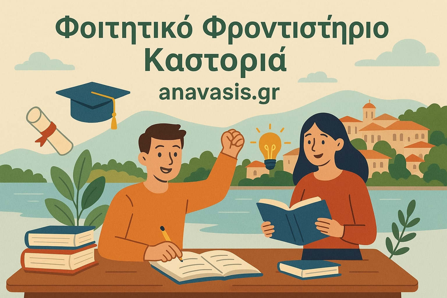 Δύο φοιτητές μελετούν μπροστά από τη λίμνη και τα παραδοσιακά κτίρια της Καστοριάς – anavasis.gr