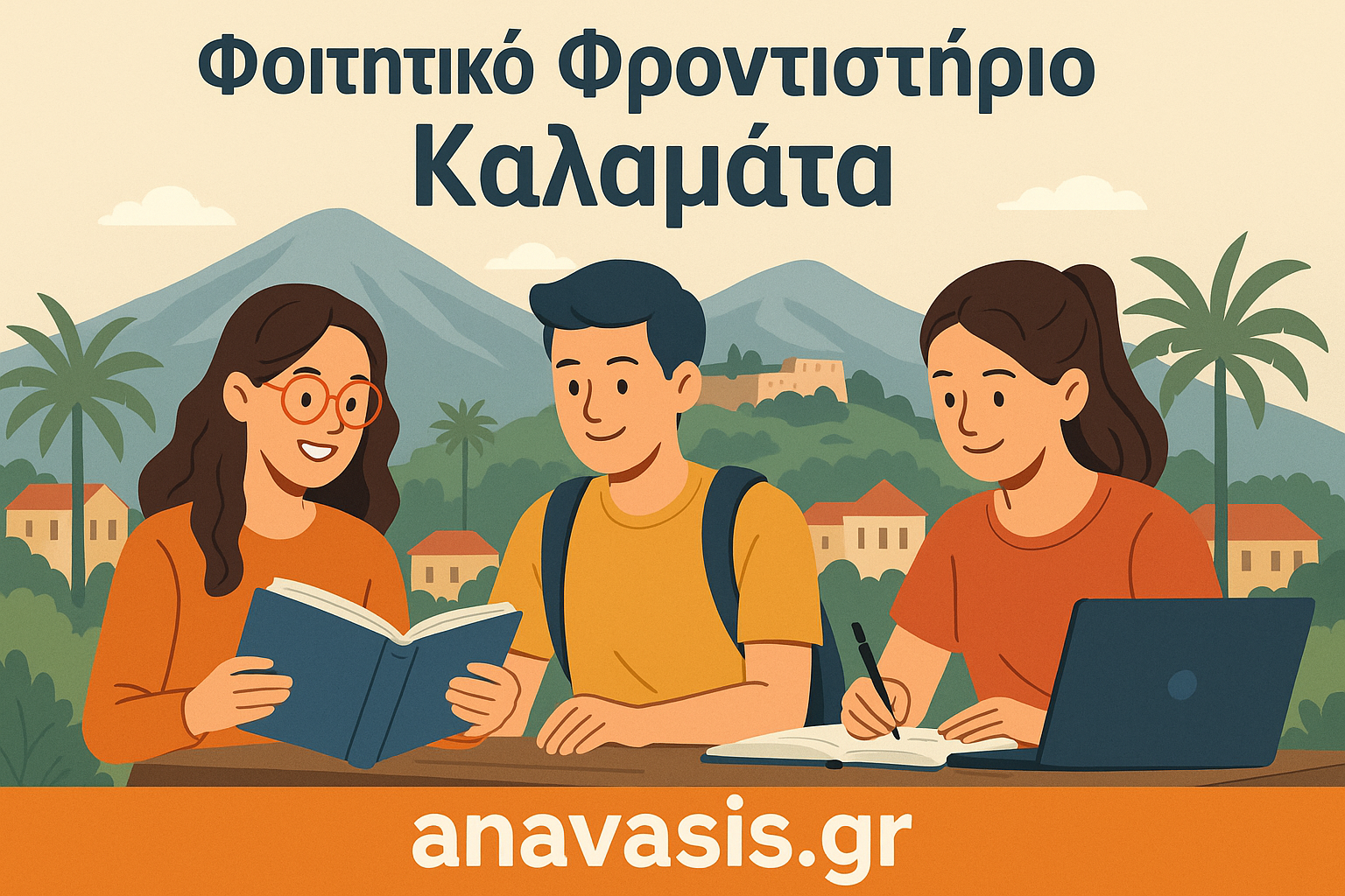 Τρεις φοιτητές μελετούν μαζί σε τραπέζι μπροστά από βιβλιοθήκη – anavasis.gr