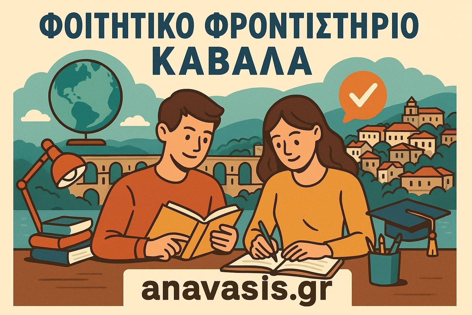 Δύο φοιτητές διαβάζουν με φόντο την Καβάλα και το υδραγωγείο, δίπλα σε υδρόγειο και καπέλο αποφοίτησης – anavasis.gr