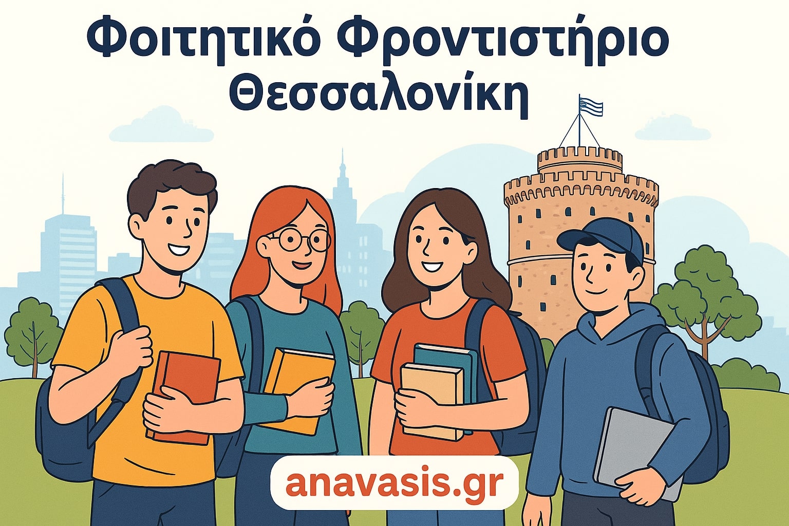 Τέσσερις φοιτητές με σακίδια και βιβλία μπροστά από τον Λευκό Πύργο στη Θεσσαλονίκη – anavasis.gr