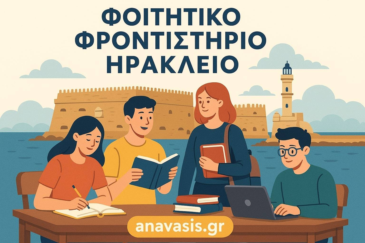 Τέσσερις φοιτητές μελετούν μπροστά από το φρούριο Κούλες και τον φάρο στο Ηράκλειο Κρήτης – anavasis.gr