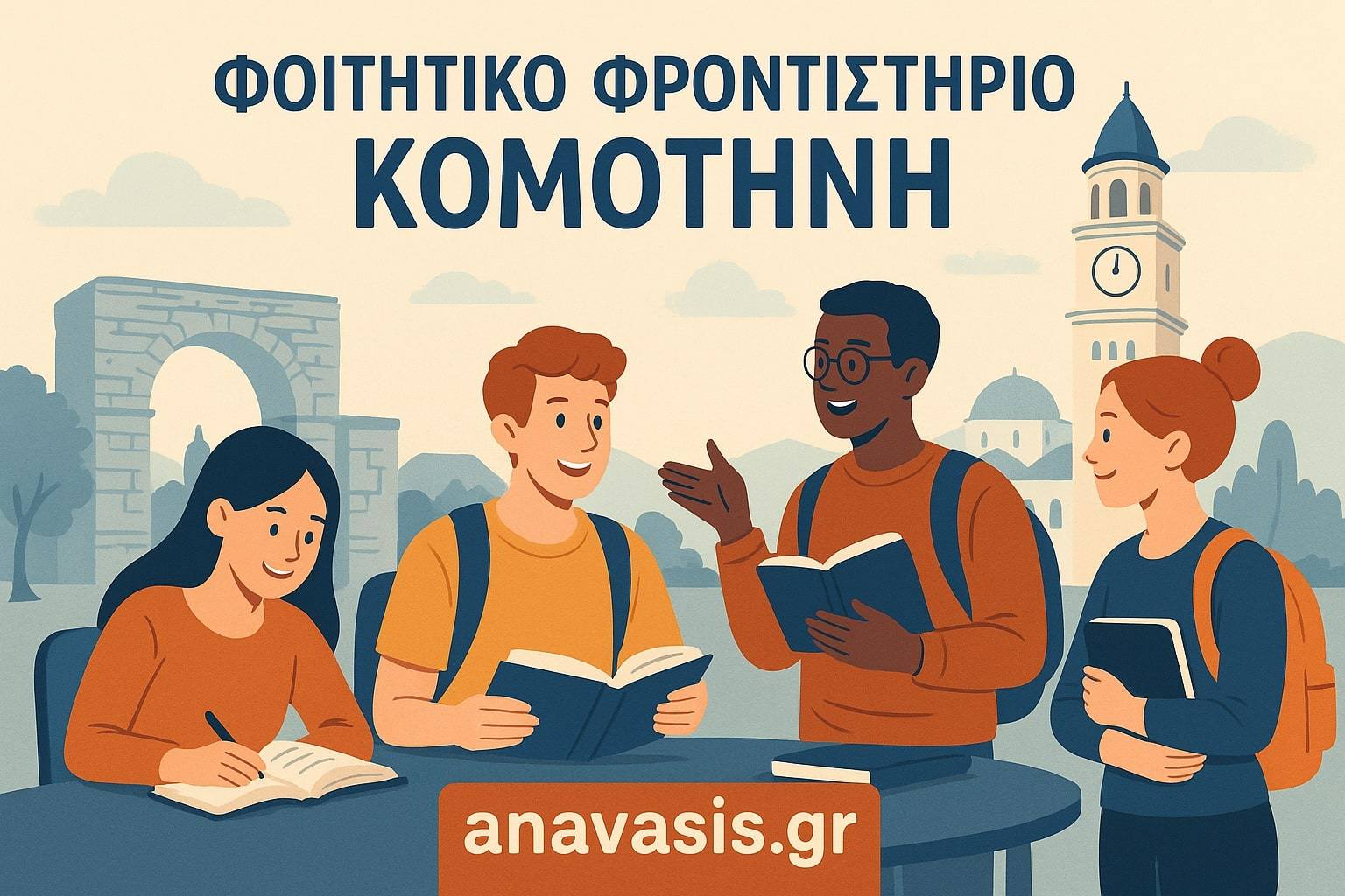 Φοιτητικό φροντιστήριο στην Κομοτηνή με φοιτητές να μελετούν και χαρακτηριστικά τοπόσημα της πόλης στο φόντο - anavasis.gr