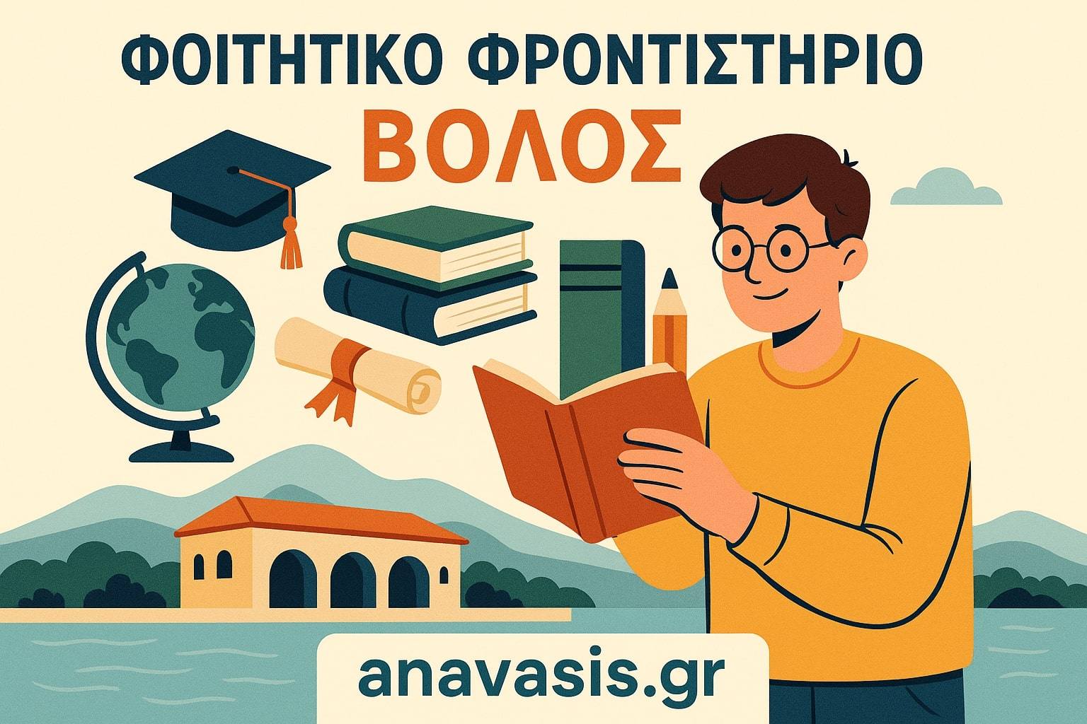 Φοιτητικό φροντιστήριο στον Βόλο με φοιτητή να διαβάζει μπροστά σε θάλασσα και τοπικά σύμβολα της πόλης - anavasis.gr