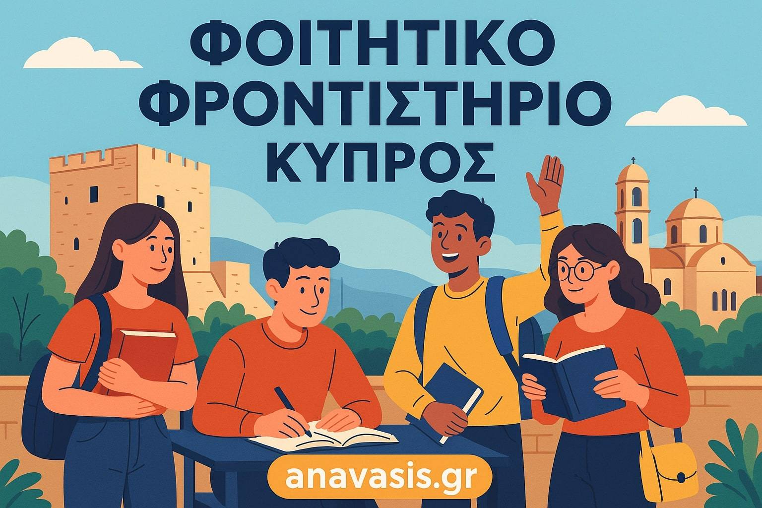 Φοιτητικό φροντιστήριο στην Κύπρο με φοιτητές να μελετούν και χαρακτηριστικά τοπικά κτίρια στο βάθος - anavasis.gr
