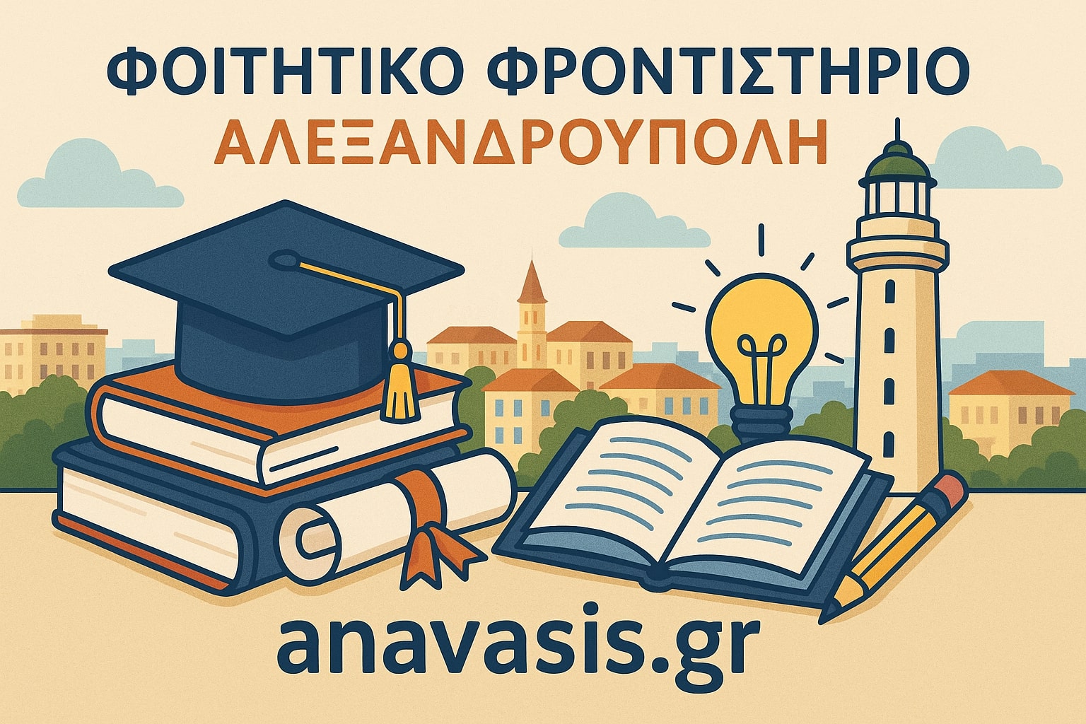 Φοιτητικό φροντιστήριο στην Αλεξανδρούπολη με εκπαιδευτικά σύμβολα όπως πτυχίο, βιβλία και φάρος - anavasis.gr