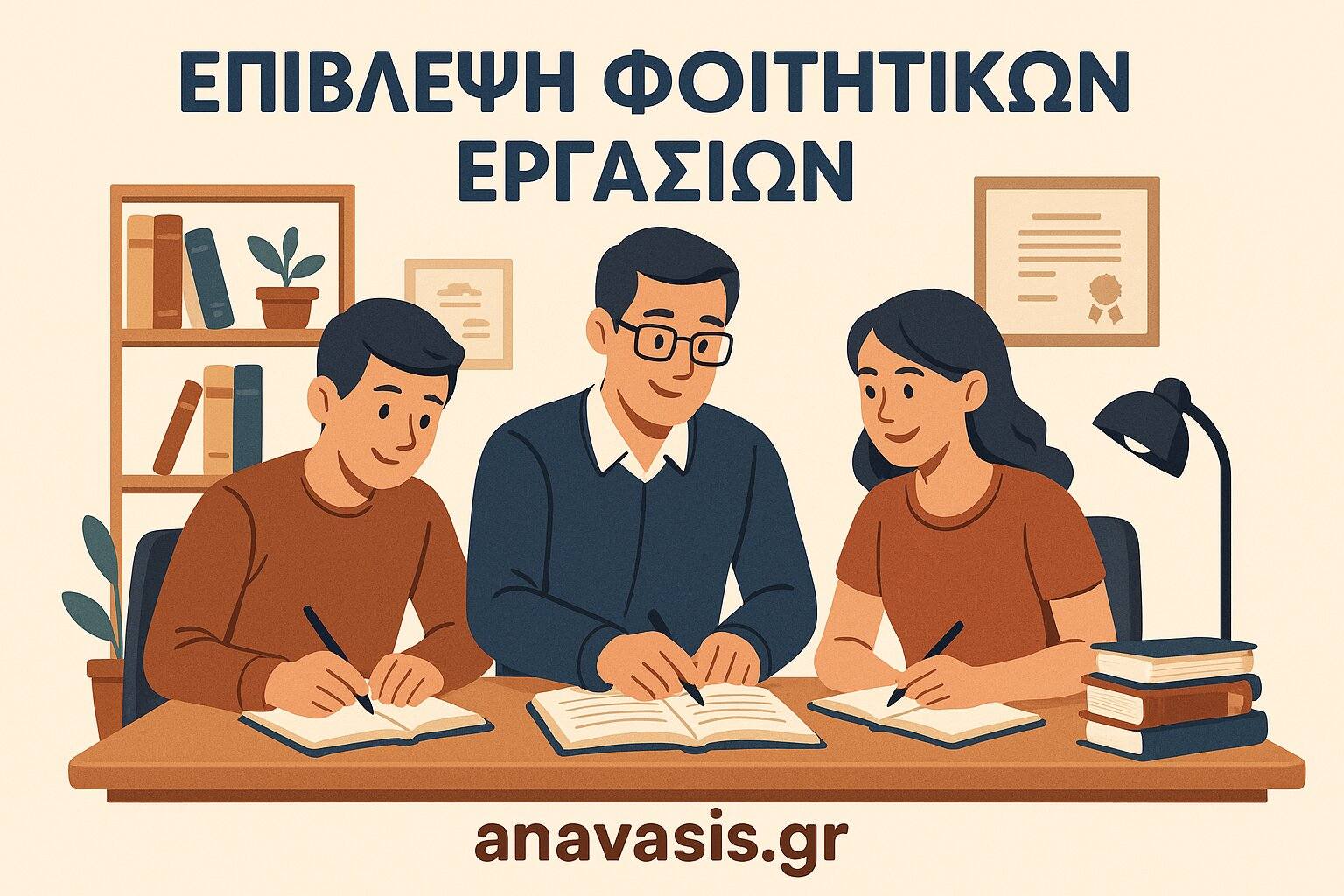 Επίβλεψη φοιτητικών εργασιών από καθηγητή με δύο φοιτητές που συνεργάζονται σε γραφείο με βιβλία και σημειώσεις – anavasis.gr