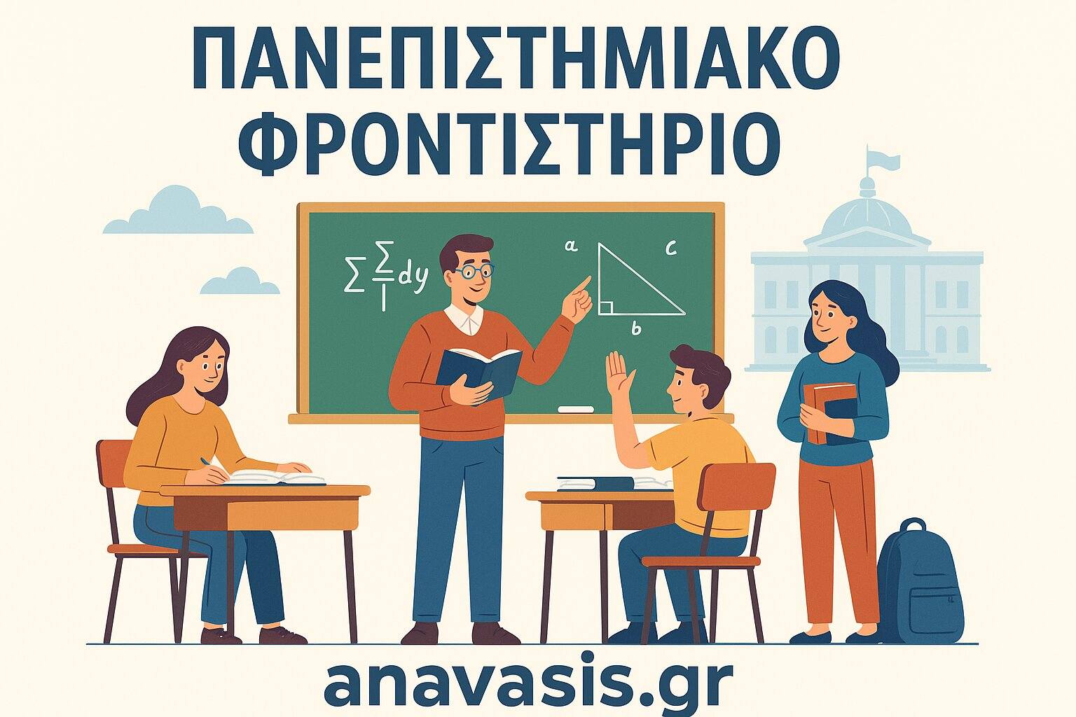 Πανεπιστημιακό φροντιστήριο με μαθητές και καθηγητή σε αίθουσα διδασκαλίας μπροστά σε πράσινο πίνακα με εξισώσεις και γεωμετρικά σχήματα - anavasis.gr