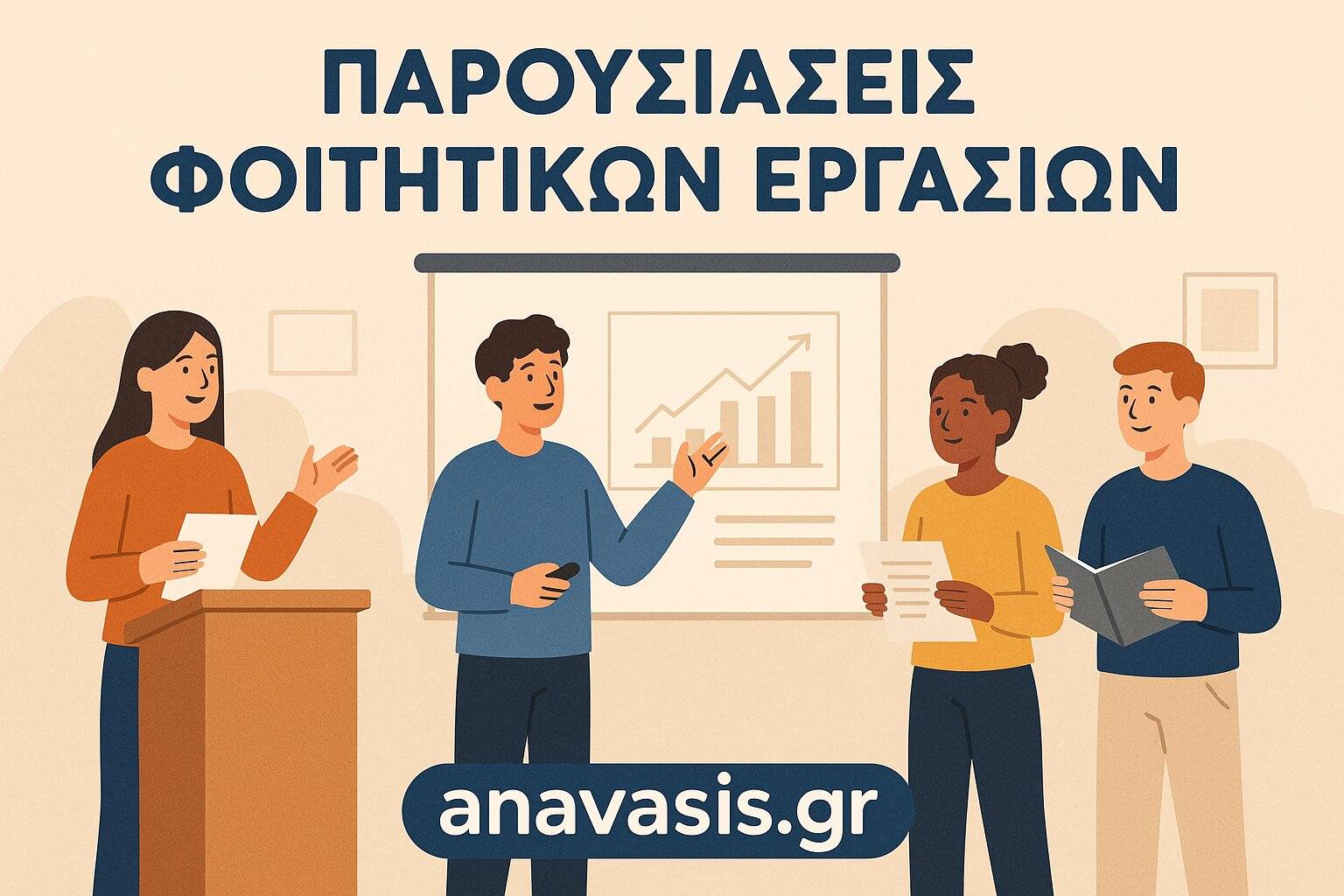 Φοιτητές παρουσιάζουν εργασίες σε αίθουσα με προβολέα, διαγράμματα και σημειώσεις – Παρουσιάσεις φοιτητικών εργασιών με υποστήριξη από το anavasis.gr.
