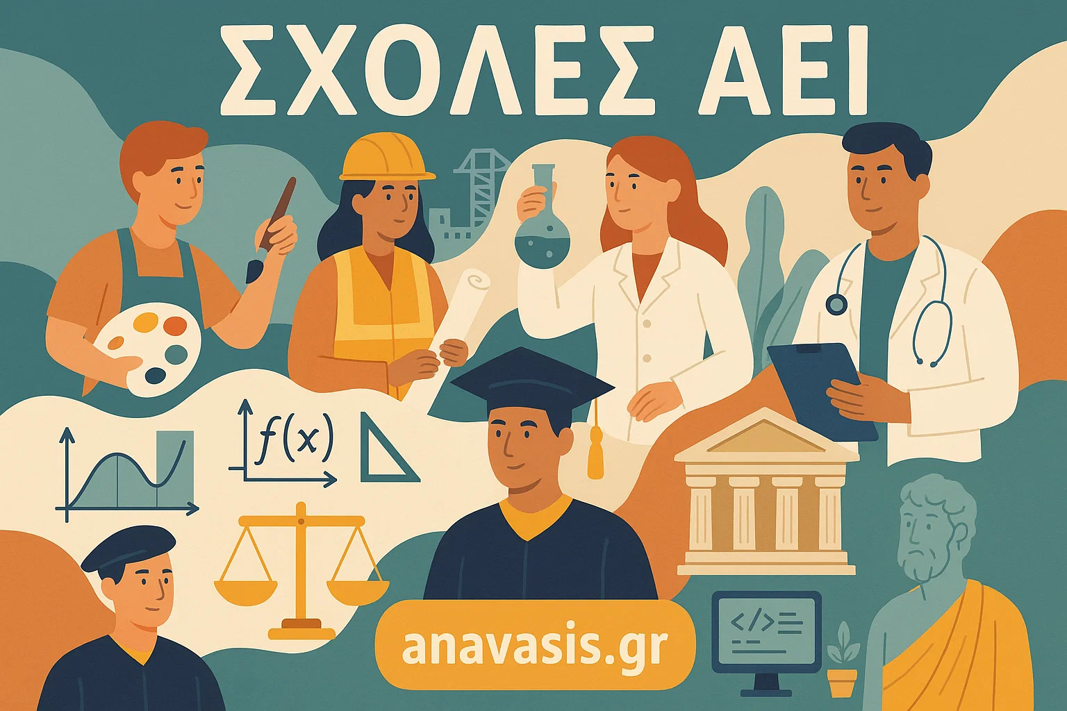 Διάφοροι φοιτητές από διάφορες σχολές, δείχνοντας το επάγγελμα που θέλουν να ακολουθήσουν
