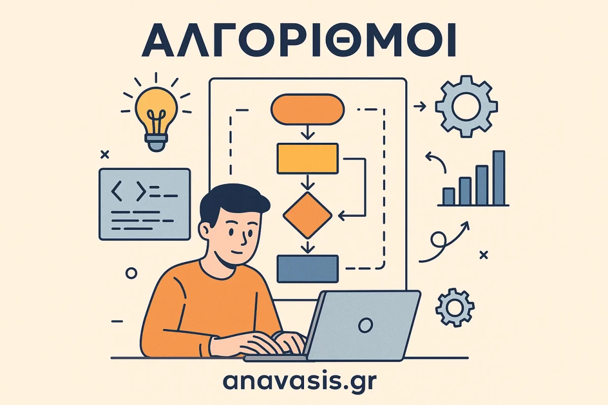 Διάγραμμα ροής αλγορίθμων και μαθητής που γράφει κώδικα