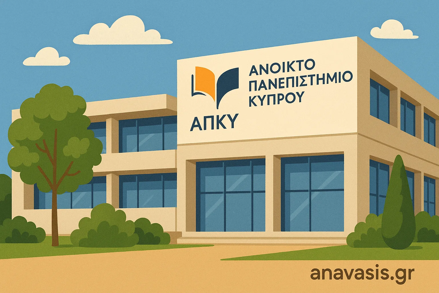 Εικονογραφημένο κτίριο του Ανοικτού Πανεπιστημίου Κύπρου με το λογότυπο ΑΠΚΥ και το anavasis.gr στο προσκήνιο
