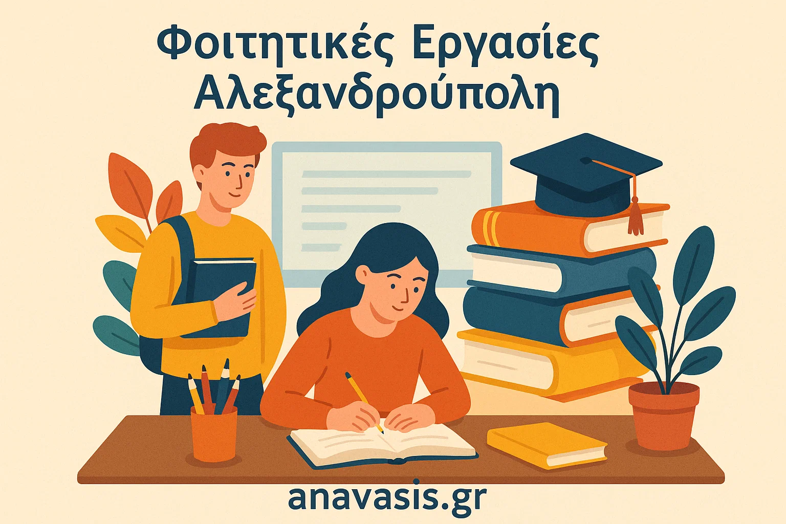 Φοιτήτρια γράφει σε τετράδιο δίπλα σε φοιτητή που κρατά βιβλίο, με φόντο στοίβα από βιβλία και πτυχίο, και τίτλο