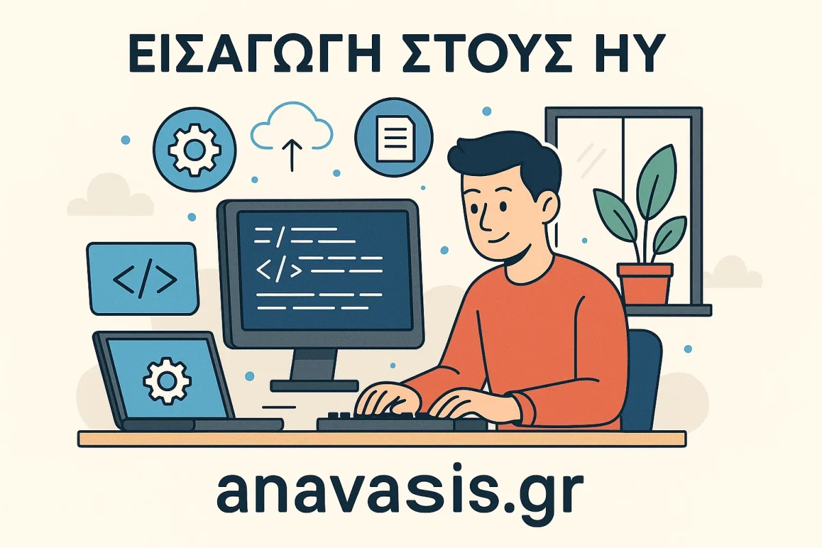 Εικονογράφηση φοιτητή που προγραμματίζει σε υπολογιστή με τίτλο Εισαγωγή στους ΗΥ και αναφορά στο anavasis.gr