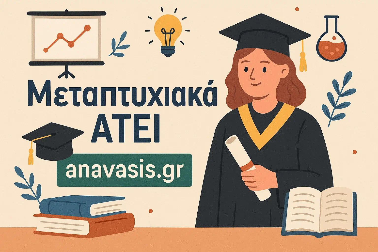 Μεταπτυχιακές σπουδές ΑΤΕΙ με φοιτήτρια που κρατά πτυχίο και εκπαιδευτικά σύμβολα - anavasis.gr.