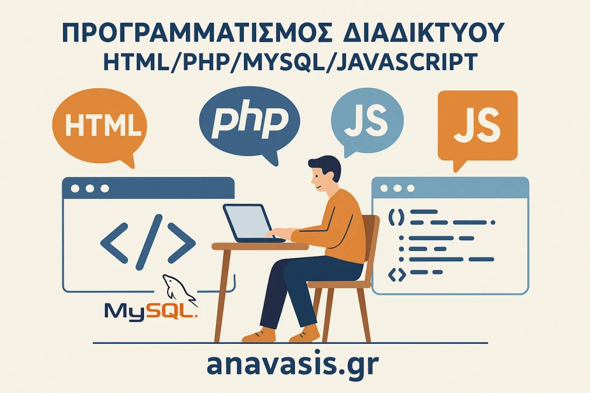 αθητής μπροστά σε laptop με λογότυπα HTML PHP MySQL και JavaScript