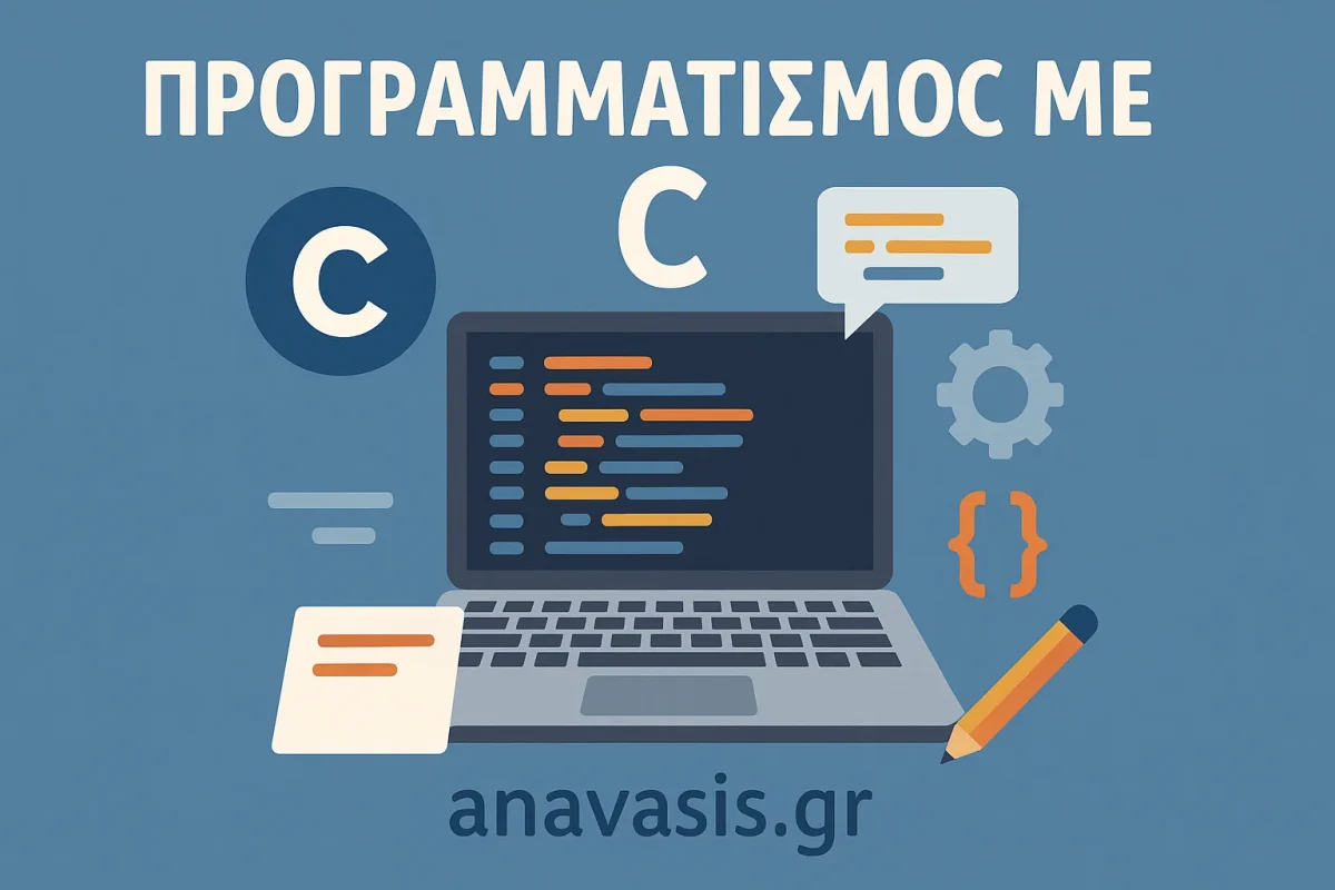 Φοιτητής μπροστά σε laptop που γράφει κώδικα στη γλώσσα προγραμματισμού C