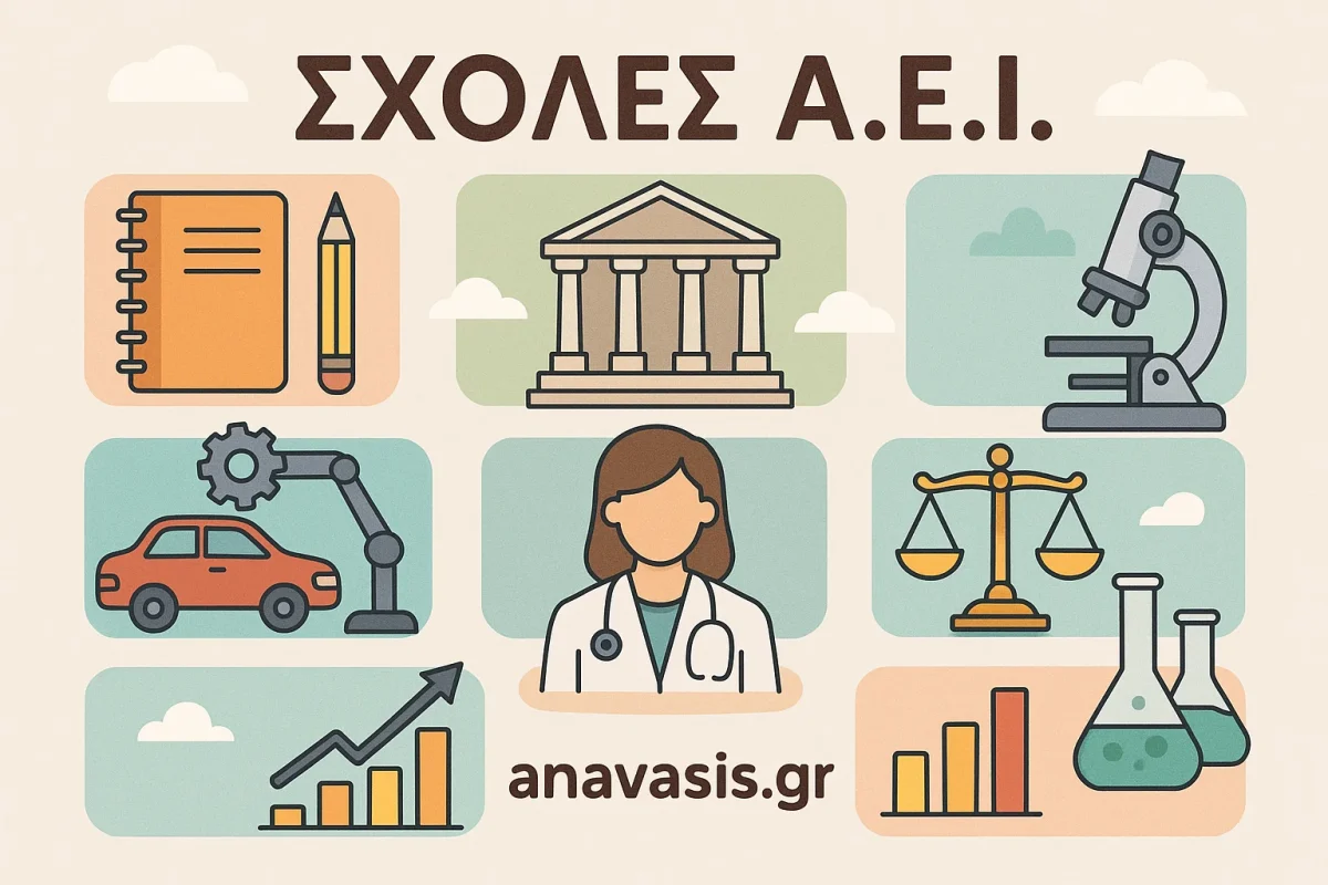 Εικονίδια σχολών ΑΕΙ: νομική, ιατρική, πολυτεχνείο, θετικές επιστήμες
