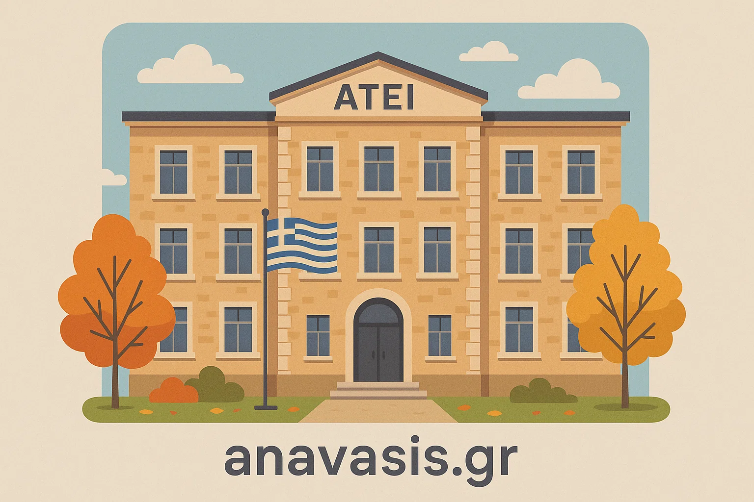 Εικονογράφηση ελληνικού ΤΕΙ με ελληνική σημαία, παραδοσιακό κτίριο και την ένδειξη ΑΤΕΙ, με αναφορά στο anavasis.gr