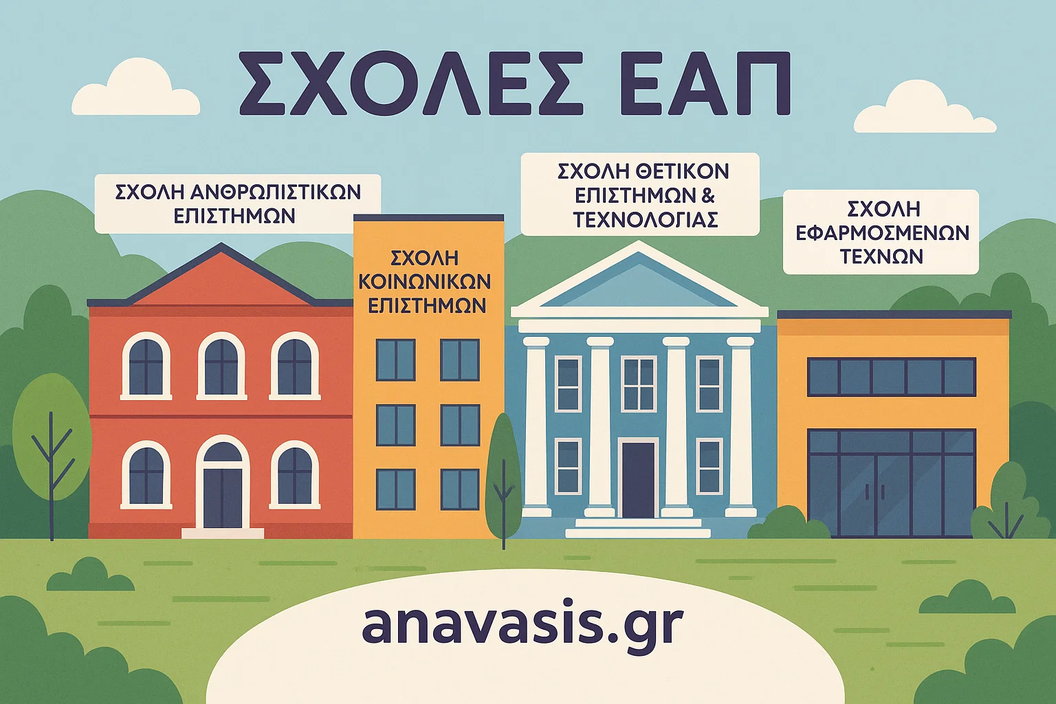 Εικόνα με τέσσερις σχολές του Ελληνικού Ανοικτού Πανεπιστημίου: Ανθρωπιστικών, Κοινωνικών, Θετικών Επιστημών & Τεχνολογίας, Εφαρμοσμένων Τεχνών