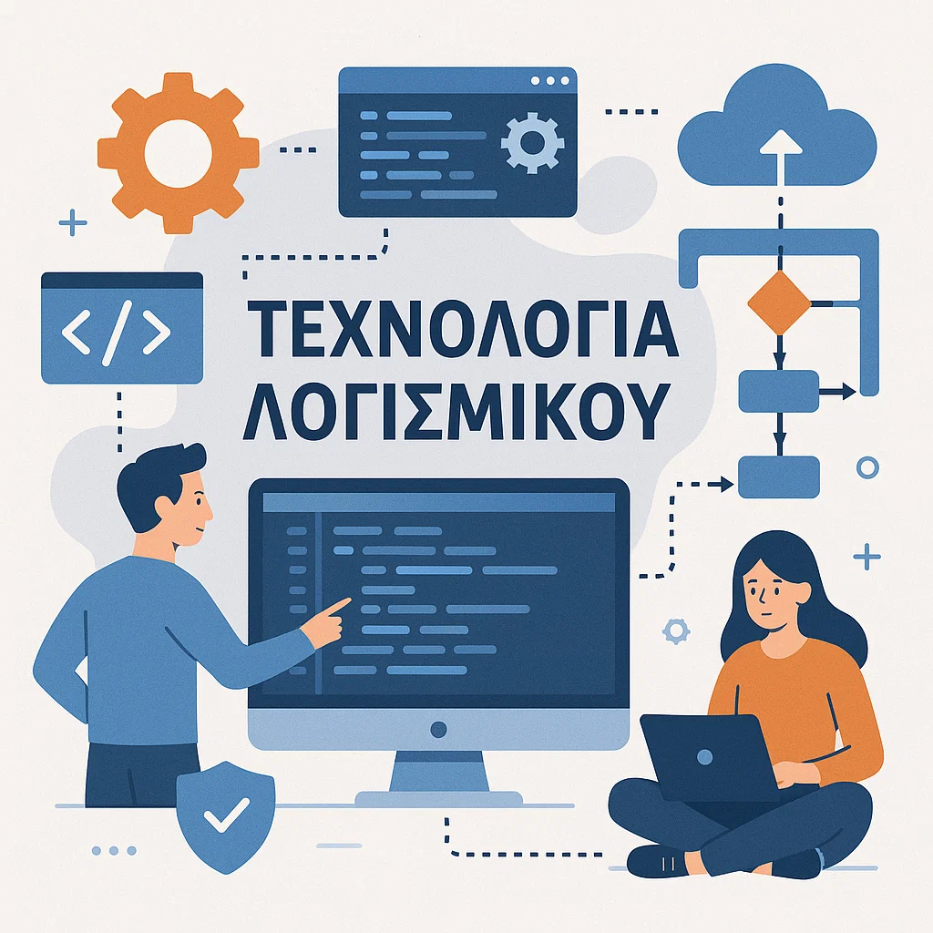 Φοιτητές μπροστά από οθόνη με κώδικα που αναφέρεται στην τεχνολογία λογισμικού