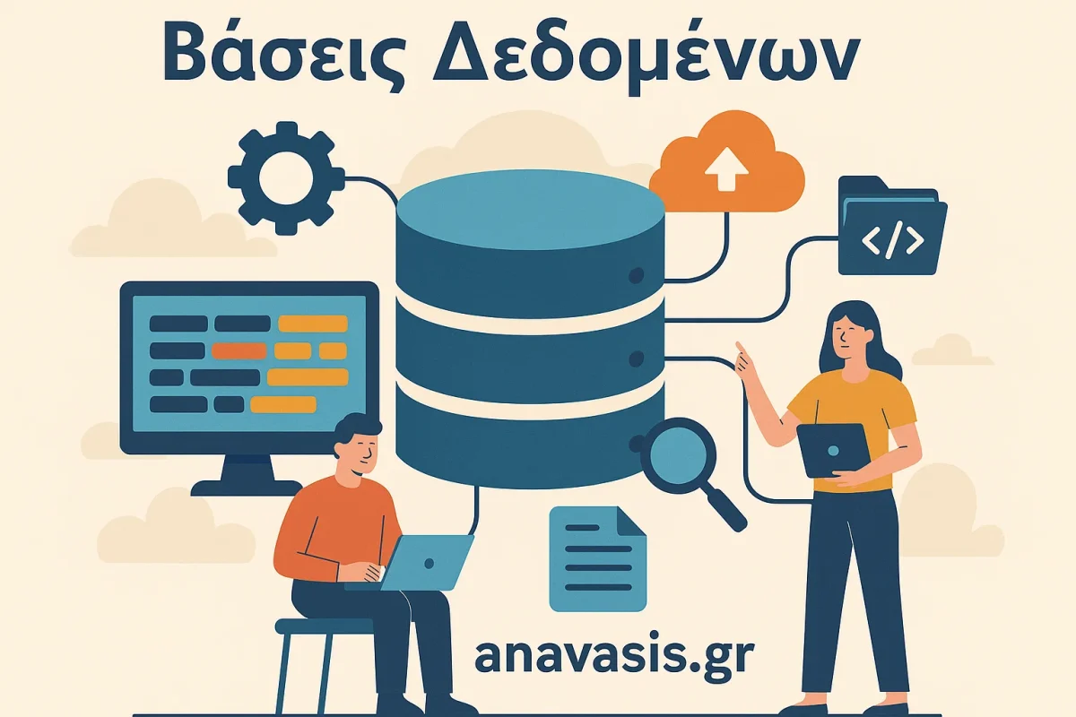 Φοιτητές με εικονίδια διαχείρισης βάσεων δεδομένων και cloud storage