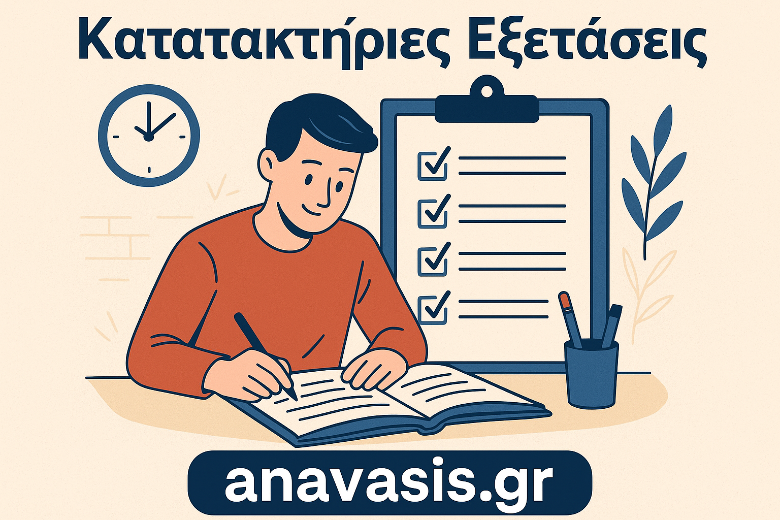 Εικονογράφηση με φοιτητή που γράφει σε τετράδιο μπροστά από λίστα με checkbox, συνοδεία ρολογιού και φυτού στο περιβάλλον εξετάσεων - anavasis.gr