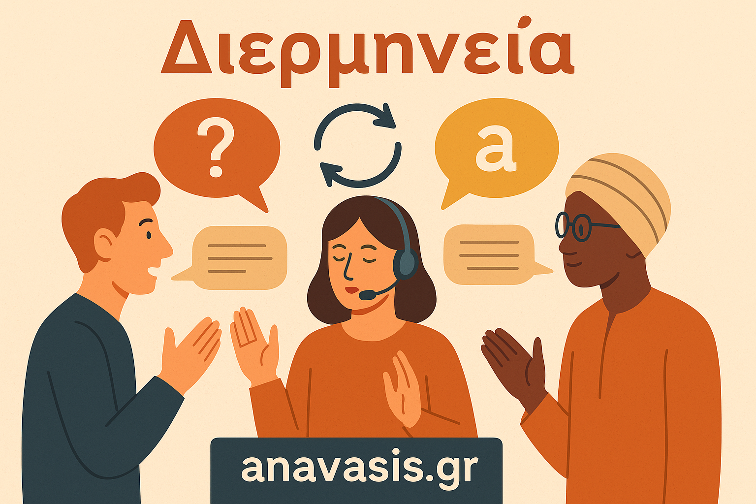 Εικονογράφηση με γυναίκα διερμηνέα που φορά headset και μεταφράζει ανάμεσα σε δύο άτομα διαφορετικών πολιτισμικών υποβάθρων, με εικονίδια μετάφρασης και επικοινωνίας - anavasis.gr