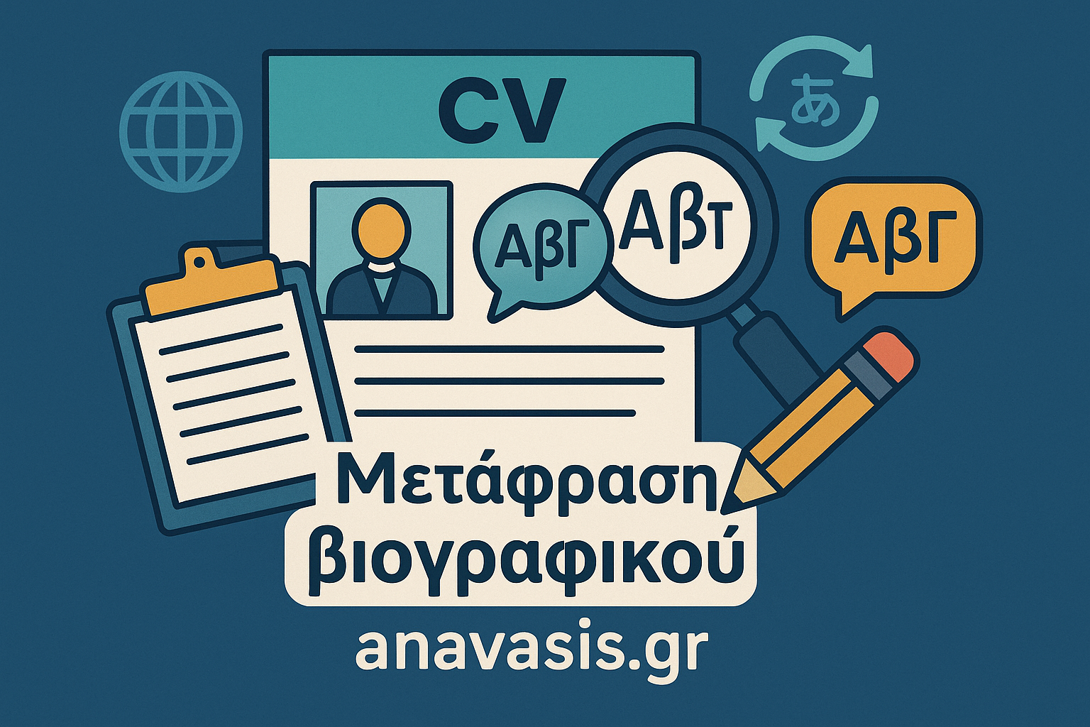 Εικονογράφηση με βιογραφικό σημείωμα, μεγεθυντικό φακό και εικονίδια μετάφρασης, όπου αναγράφεται η φράση